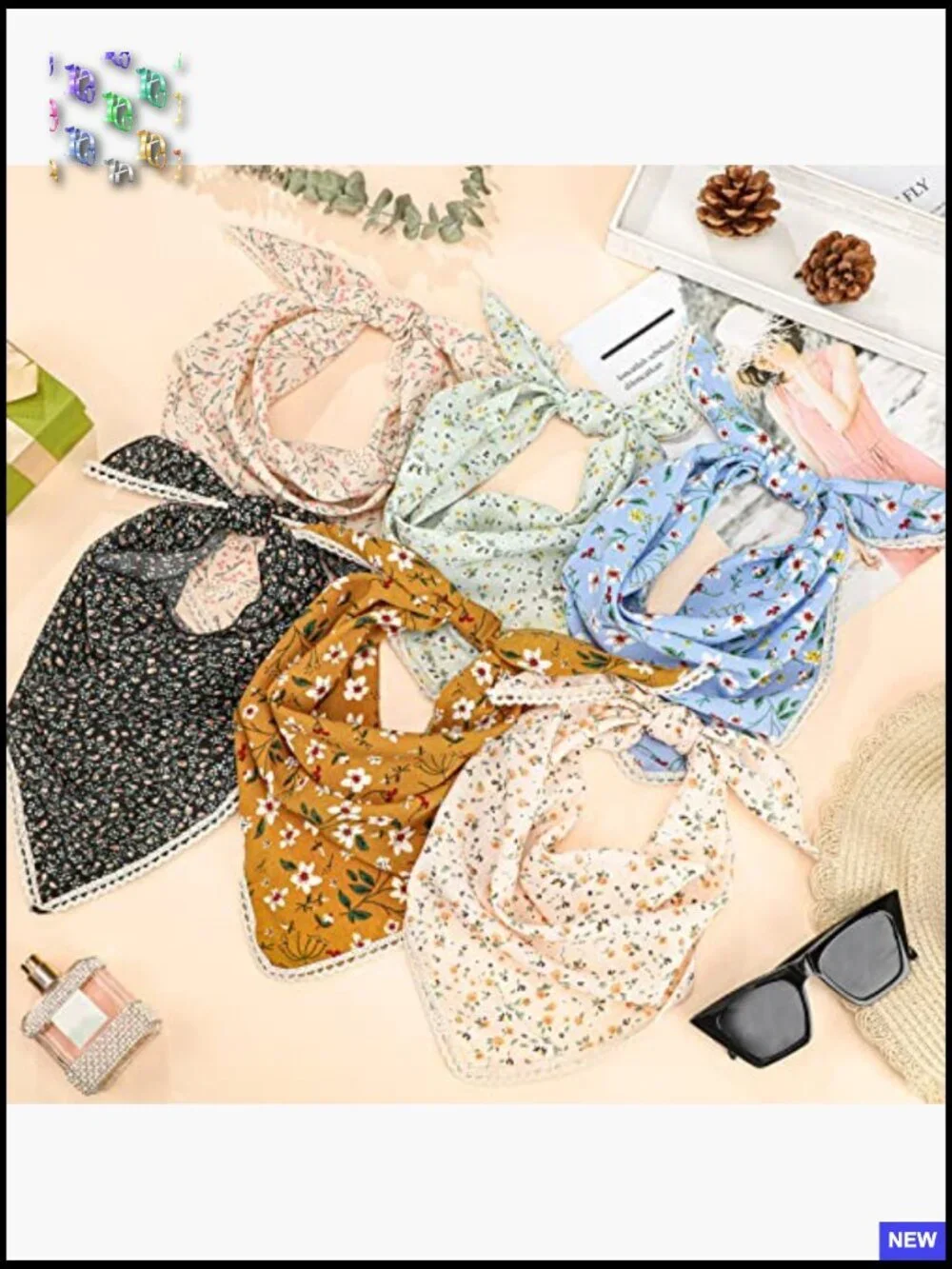 Floral Chiffon Hair Scarf Set Boho Headband Kerchief Triangle Ties Accessories